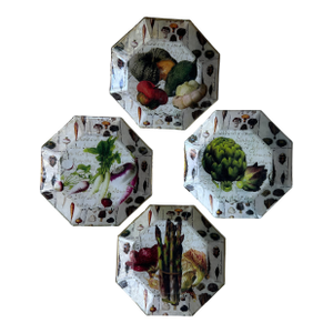 Octagon Decoupage Plates With Vegetables, Flowers and Script