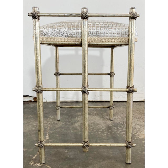 Vintage Maitland-Smith Style Vanity Stool With Metallic Croc Print Upholstery For Sale In Kansas City - Image 6 of 11