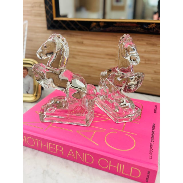 Transparent Vintage Mid Century Heavy Pressed Glass Horse Bookends by Le Smith- Pair of Horse Bookends For Sale - Image 8 of 8