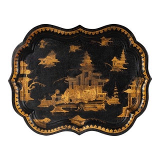 Antique Napoleon III Chinoiserie Black and GIlt Painted Tole Tray For Sale