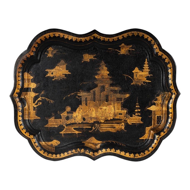 Antique Napoleon III Chinoiserie Black and GIlt Painted Tole Tray For Sale