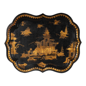 Antique Napoleon III Chinoiserie Black and GIlt Painted Tole Tray