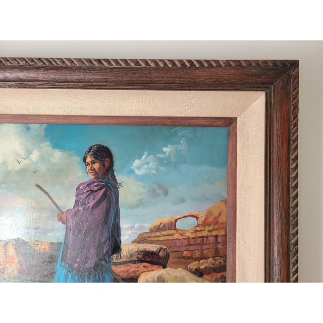 1970s Filastro Mottola Pastoral Oil Painting Native American Navajo Girl Sheep Desert For Sale - Image 9 of 15