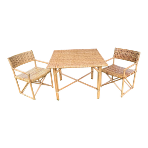 Bamboo and Rattan Square Table and Pair of Woven Chairs - Set of 3
