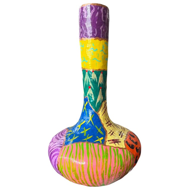 Folk Art Pair of Vintage Hand-Painted Papier-Mâché Vases – Colorful Folk Art, Memphis Style Patchwork Forms For Sale - Image 3 of 7
