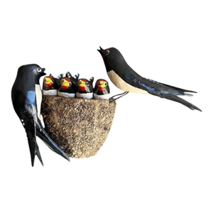 Austrian Wood Carved Bird Swallows With Nest and Babies Folk Art