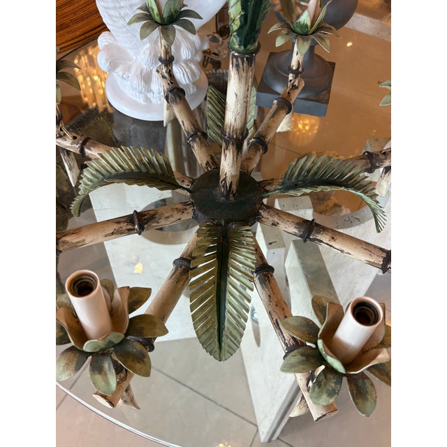 Vintage Palm Beach metal tole palm tree leaf leave 8 light chandelier. New candelabra cover sleeves. Tested, working...
