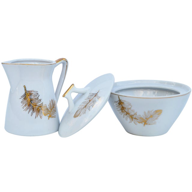 Art Deco Mid 20th Century Golden-Leaf Pattern Sugar & Creamer - Set of 2 For Sale - Image 3 of 5