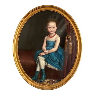 Large Antique Oval Oil Portrait of a Seated Young Girl | Gilt Frame | Late 20th Century For Sale