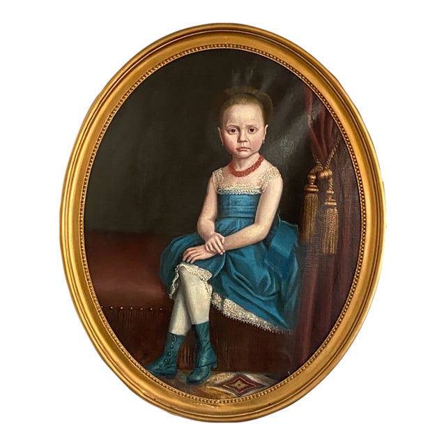 Large Antique Oval Oil Portrait of a Seated Young Girl | Gilt Frame | Late 20th Century For Sale