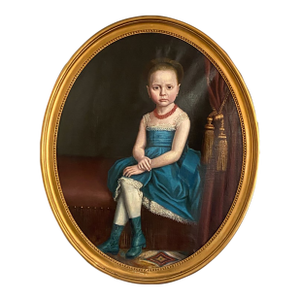 Large Antique Oval Oil Portrait of a Seated Young Girl | Gilt Frame | Late 20th Century