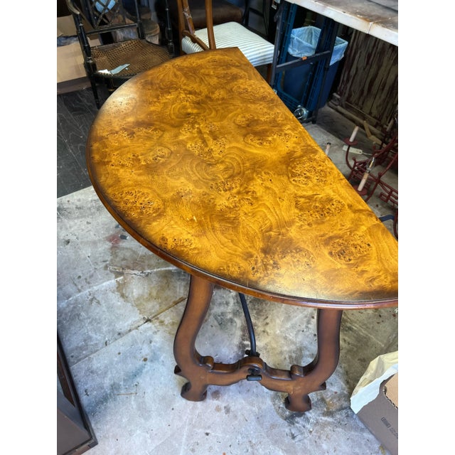Italian Italian Burl Walnut Demilune Console Tables With Iron Stretchers - Pair For Sale - Image 3 of 8
