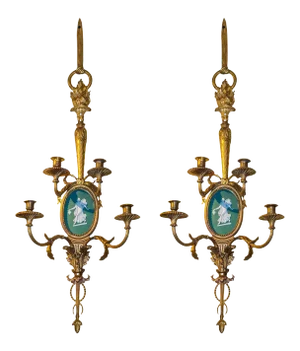 Late 19th Century Louis XVI Style Gilt Bronze Jasper Wall Light Sconces - a Pair