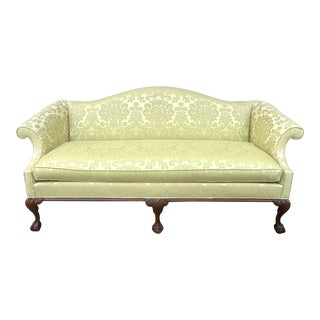 Vintage Chippendale Ball and Claw Camelback Damask Settee Sofa For Sale