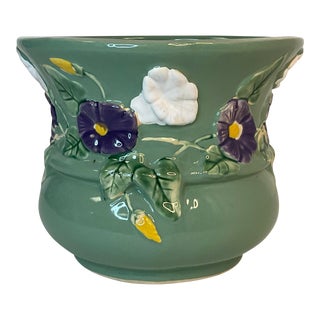 1950s Majolica Hollywood Regency Ceramic Planter, Morning Glory Motif For Sale