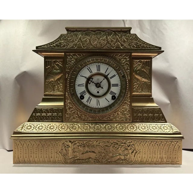 Victorian 19th Century Cast Metal Aesthetic Style Mantel Clock by Kroeber- “Arabia” Model For Sale - Image 3 of 12