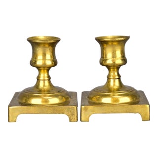 Pair of 19th Century England Solid Brass Short Candlesticks For Sale