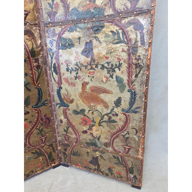 Antique 19th Century Painted Leather Folding Screen For Sale - Image 11 of 18