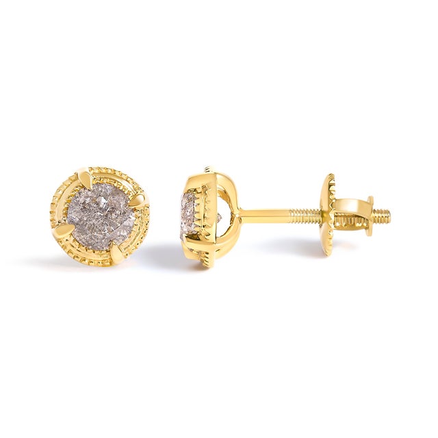 Contemporary 14K Yellow Gold Plated .925 Sterling Silver 1.0 Cttw Round Brilliant Cut Diamond Solitaire Milgrain Stud Earrings (K-L Color, I2-I3 Clarity) For Sale - Image 3 of 6