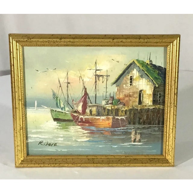 Paint 1990s New England Wharf Scene Oil Painting on Board, Framed For Sale - Image 7 of 8