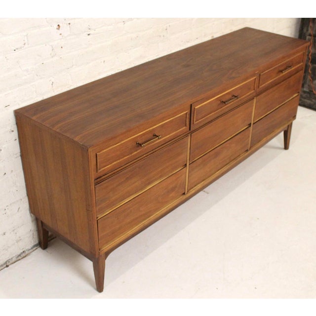 Dixie Vintage Nine Drawer Walnut Dresser by Dixie Furniture Co. For Sale - Image 4 of 16