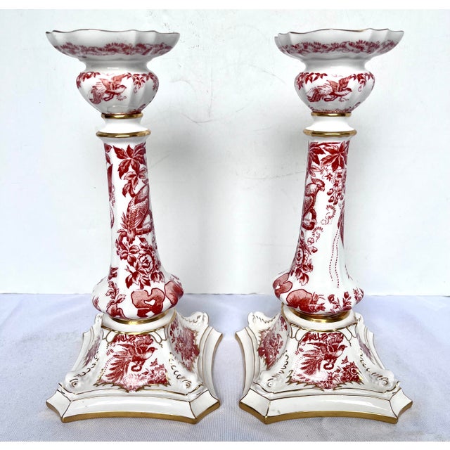 1981 Royal Crown Derby "Red Aves" Fine Bone China Candlesticks - A Pair For Sale - Image 15 of 18