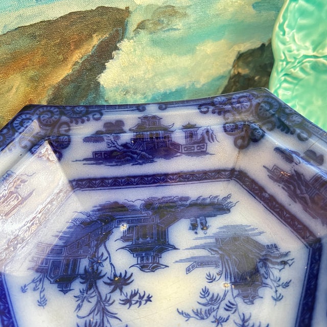 Blue Antique Flow Blue Hexagon Rimmed Pedestal Bowl For Sale - Image 8 of 18