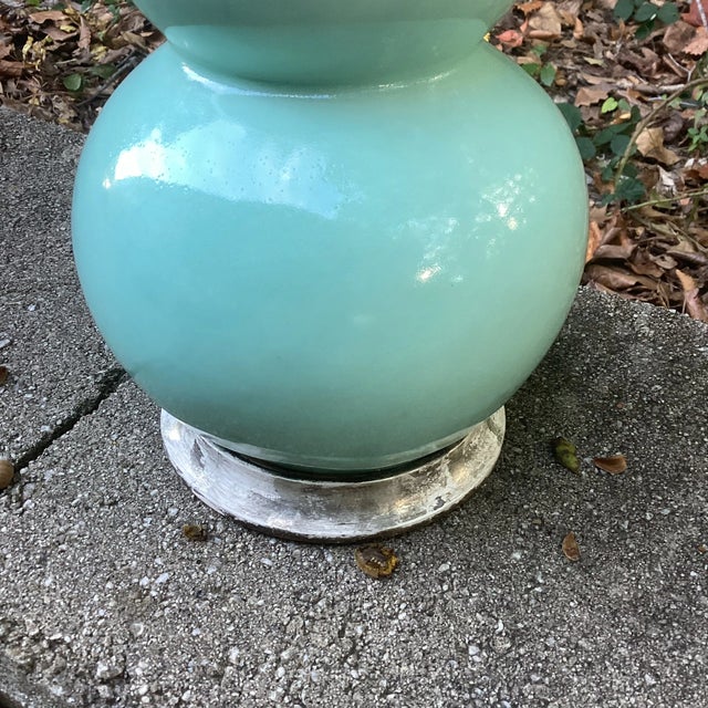 Mid-Century Modern Hand Signed Pair of Christopher Spitzmiller Triple Gourd Lamps in Robin's Egg Blue and Nickel For Sale - Image 3 of 7