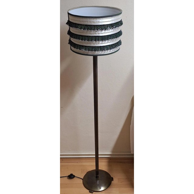 Mid-Century Minimalist Brass Floor Lamp with Handmade Fabric Shade, 1950s For Sale - Image 4 of 10