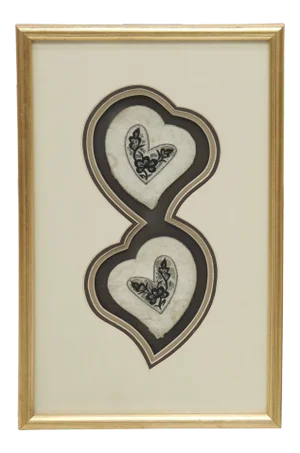 Vintage Chinese Heart Shaped Decorative Textile Panel, Framed