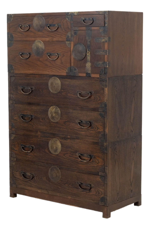 Korean Brass Mounted Three-Part Elm Tansu Chest