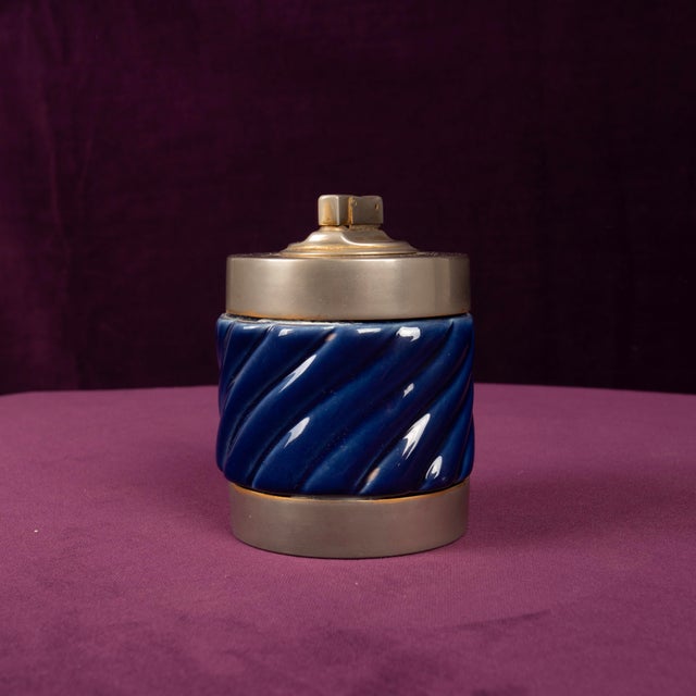 Blue Glazed Ceramic and Brass-Toned Metal Table Lighter by Tommaso Barbi, 1970s For Sale - Image 17 of 17