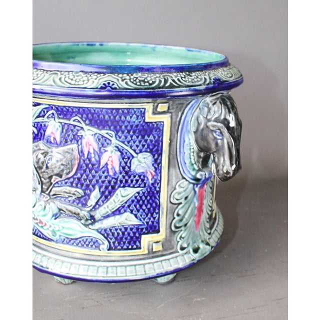 French Majolica Barbotine Cache Pot With Horse Head Handles For Sale In Houston - Image 6 of 6