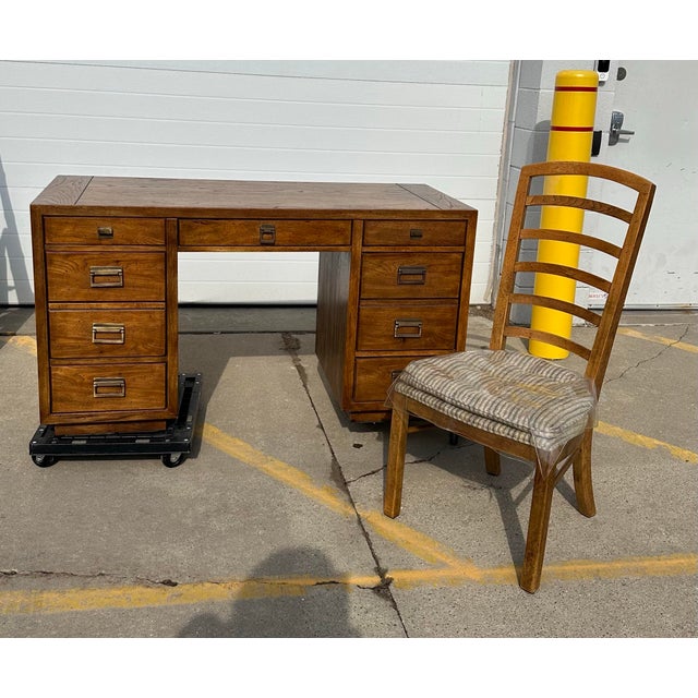1980s 1980s Drexel Heritage Woodbriar Collection Campaign 7 Drawer Desk & Chair For Sale - Image 5 of 16