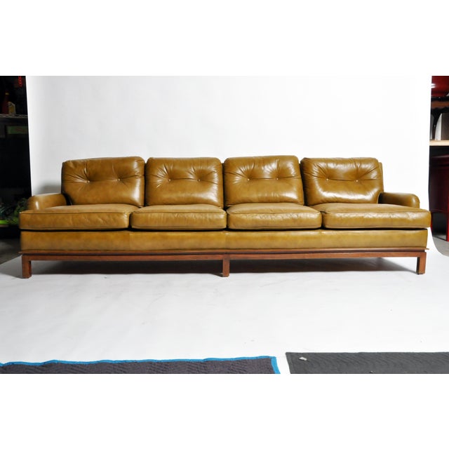 Mid Century Modern Green Leather Sofa With Hardwood Base By Edward