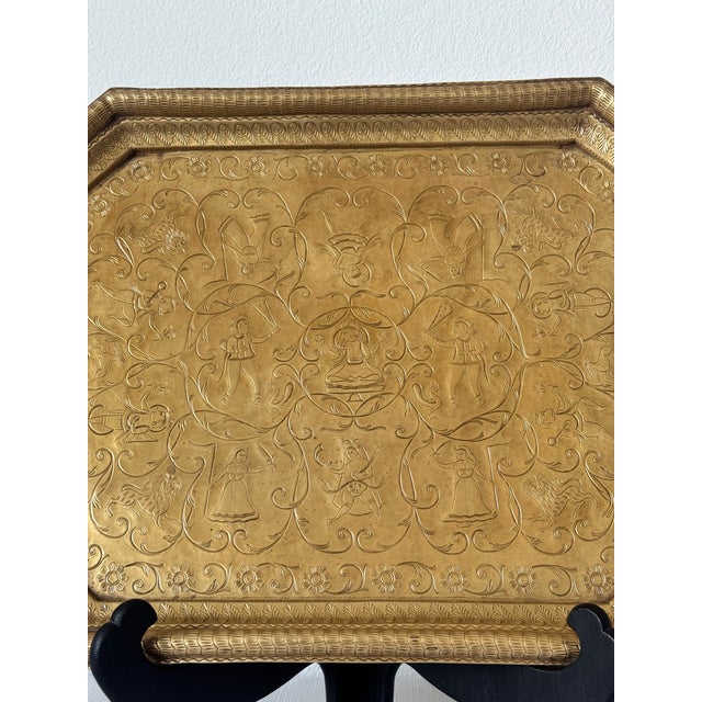 Vintage South India Elongated Octagonal 19.5” Brass Serving Tray With Etched Ethnic, Folklore, Mythological Accents For Sale - Image 9 of 10