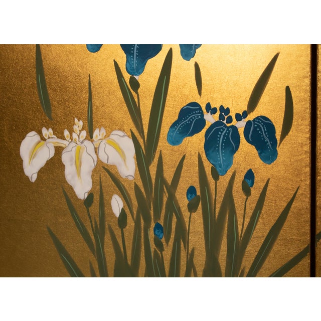 Goldenrod "Plum Blossom, Peonies and Irises" by Kokei, Showa Era Japanese Byobu Screen For Sale - Image 8 of 18