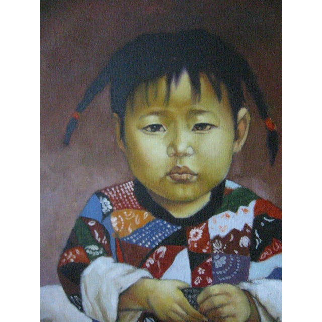1980s Chinese Child Prayer Inspired Framed Portrait Oil on Canvas For Sale In Los Angeles - Image 6 of 18