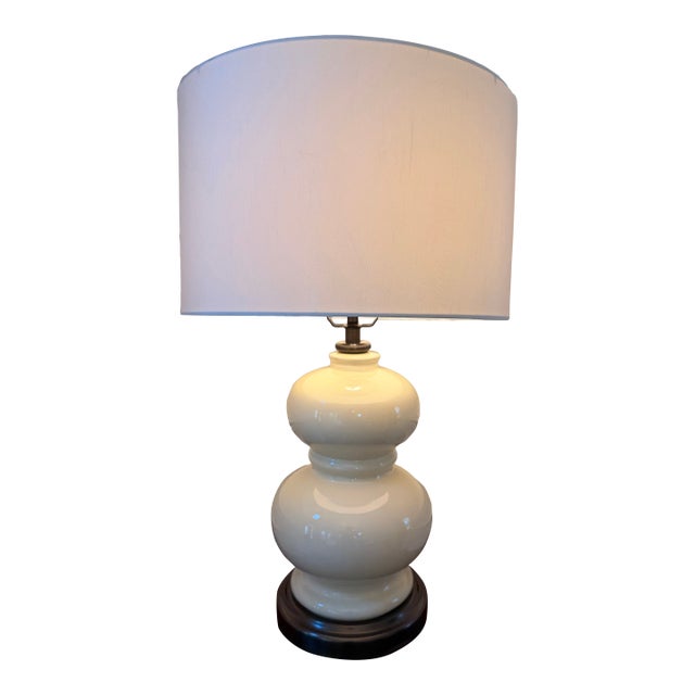 Pottery Barn Double Gourd Cream Ceramic Table Lamp 26”x9” With 15”White Drum Shade For Sale