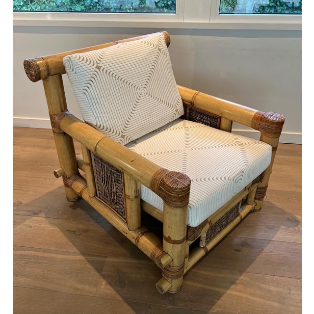 1970s Pair of large bamboo armchairs with Pierre Frey cushions For Sale - Image 6 of 12