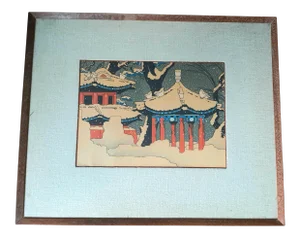 Early 20th Century "Chinese Temple in Snow" Japanese Woodblock Print by Pieter Irwin Brown, Framed