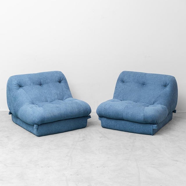 Set of armchairs and coffee table made in the 1970s. Blue fabric upholstery, glass table top. Excellent condition, as...