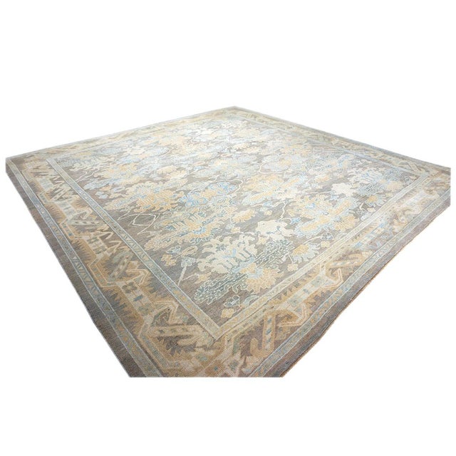 Traditional 21st Century Turkish Donegal Hemp & Wool 12x12 Taupe and Blue Square Handmade Area Rug #1140522 For Sale - Image 3 of 8