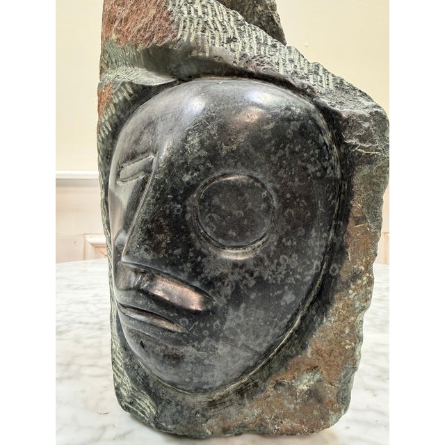 Dark Green Late 20th Century Signed "T M" Modernist Shona Serpentine Stone Face Sculpture For Sale - Image 8 of 8