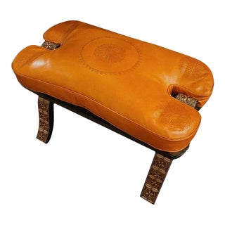Moroccan Orange Leather Cushion Camel Saddle Stool For Sale