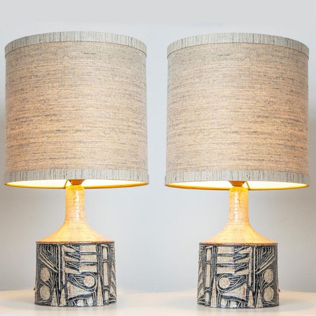 Large Grey Ceramic Table Lamps with Silk Shades from Soholm, Denmark, 1960s, Set of 2 For Sale - Image 4 of 14