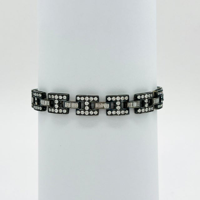 White Round Diamond & Baguette Bracelet in 14k White Gold & Black Rhodium For Sale - Image 4 of 7