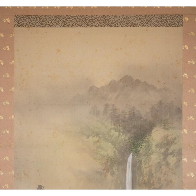 "Landscape With Waterfall", Showa Japanese Silk Scroll Painting For Sale - Image 4 of 18