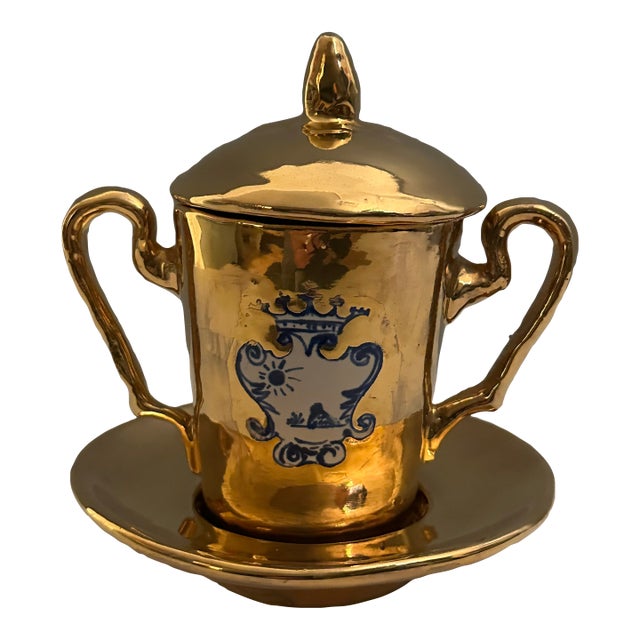 Marchesi Ricci Per La Suvera Italian Ceramic Urn, Lid & Saucer - Gilde Finish For Sale