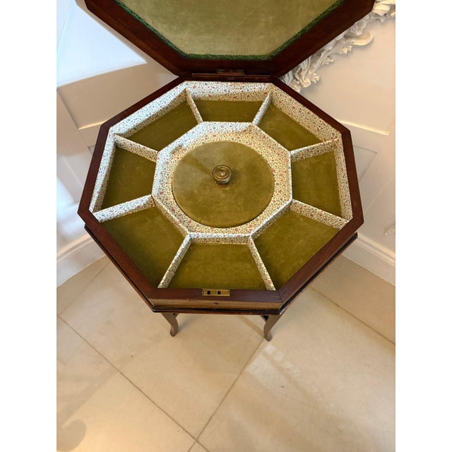 Antique Edwardian Inlaid Mahogany Octagonal Side Table with Silk Basket, 1900 For Sale - Image 3 of 12
